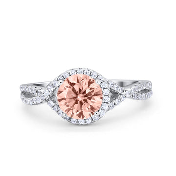 Halo Twisted Engagement Ring Simulated Morganite CZ 925 Sterling Silver